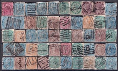 British India Stamps. QV Queen Victoria multiple stamps used with different cancellations on 