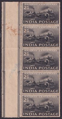 Republic India Stamps. 1953 Railway Centenary 2a black vertical strips of 5 mint stamps with 