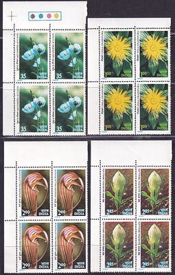 Republic India Stamps. 1982 Himalayan Flowers complete set of 4v left top marginal block of 4 