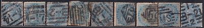 British India Queen Victoria &frac12;a used stamps with different cancellations (9 no.)
