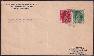 1937 (23 Aug) KGVI King George VI 9p & 1a Souvenir First Day Cover FDC h/s Post Book to England