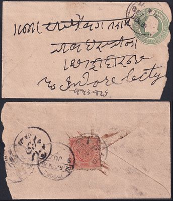 1909 KE King Edward &frac12;a PSE envelope Railway cancelled with Hyderabad &frac12;a stamp at back to Sikandrabad