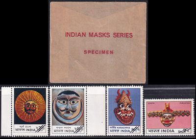 1974 Indian Mask complete set of 4v SPECIMEN stamps value obliterated by black bars with 