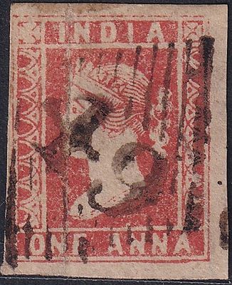1854 QV Queen Victoria 1a (Litho) red Die-I cancelled with JC Ty-4 numeral ``49`` pmk used 
