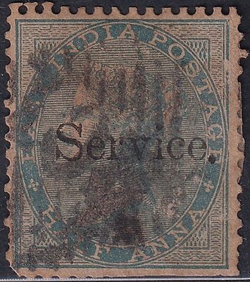 1866 QV Queen Victoria &frac12;a blue ovpt. Small Service used stamp; perf missing