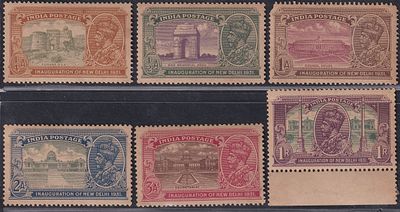 1931 KGV King George V Inauguration of New Delhi complete set of 6v Mint stamps; Sg no: 226 to 231