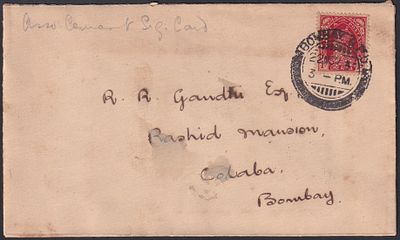 1937 KGVI King George VI 1a PERFIN stamp tied on R.R. Gandhi Esq." in Colaba, Bombay cover with 