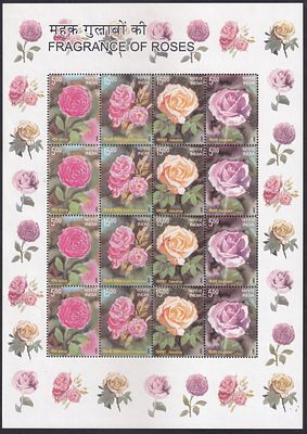 India 2007 Fragrance of Roses Rs 15 Se-tenant complete sheetlet of 4 horizontal rows of 4 MNH 