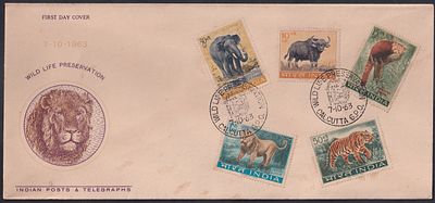 1963 (1 Oct) Wild Life Preservation complete set of 5v First Day Cover FDC, Calcutta G.P.O cancelled