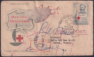 1963 (8 May) Red cross Centenary First Day Cover FDC, Postally used from Bombay G.P.O to Turkey 