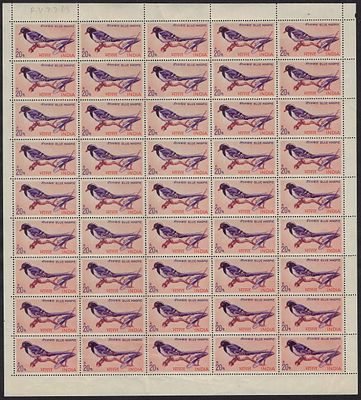 India 1968 Indian Birds (Blue Magpie) 20p complete sheet of 45 MNH stamps