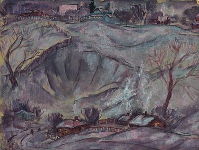 Покровская Татьяна Александровна (1903–1991). Зимний вечер в Тарусе. Бумага, темпера. 60 х 47. 