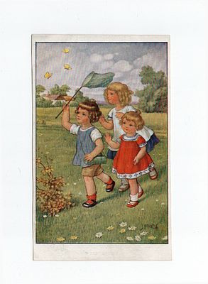 Открытка "Ловля бабочек". Европа, начало 20 века.