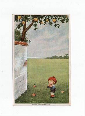 Сатирическая открытка "Сбор яблок". Европа, начало 20 века.