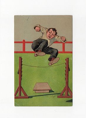 Сатирическая открытка "Прыжки в высоту". Тиснение. 
Европа, начало 20 века.