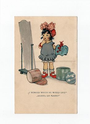 Сатирическая открытка "Интересно, что бы ему понравилось?". Европа, начало 20 века.