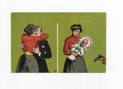 Сатирическая открытка "Последствия поцелуя". Германия, начало 20 века.