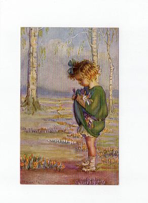 Открытка "Девочка, собирающая цветы". Европа, начало 20 века.