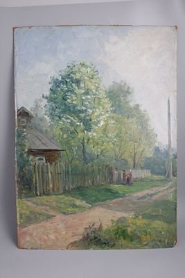 Картина. Кулагин А.А. "Деревня Свистуха. Цветет черемуха". СССР, 1972 год. 
Картон, масло. 