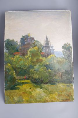 Картина. Кулагин А.А. "Реставрация церкви в Рождественском". СССР, 1977 год. 
Картон, масло. 