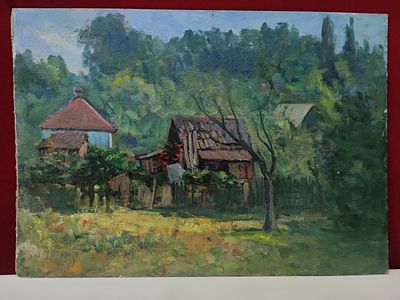 Картина. Кулагин А.А. "Двор. Творческие дачи. Горячий ключ". СССР, 1973 год. 
Картон, масло. 