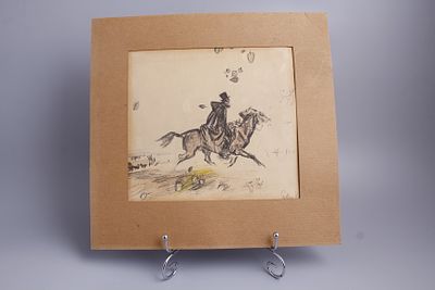 Рисунок ""Пушкин на коне". СССР, 1983 год. 
Бумага, карандаш. Подпись автора в правом нижнем углу.