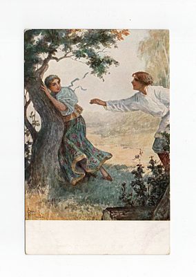 Открытка с картины Соломко С. "В догонку". Россия, начало 20 века.