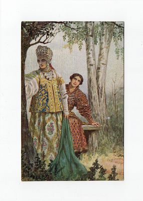 Открытка с картины Соломко С. "Трудный ответ". Россия, начало 20 века.