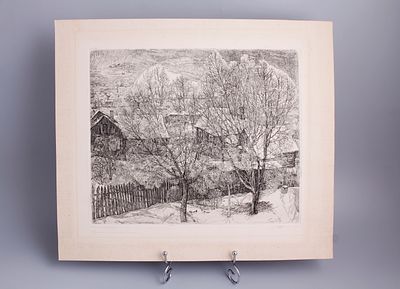 Линогравюра "Зимний пейзаж". СССР, 1974 год. 
Подпись автора в правом нижнем углу.