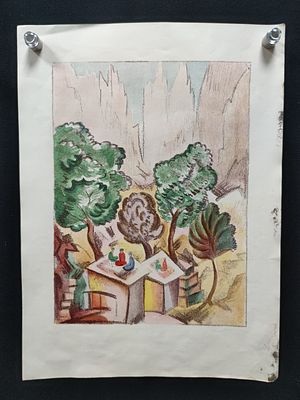 Литография №6 из альбома Горная Бухара. П. Кузнецов. Россия, 1923 г. 
Цветная автолитография. 