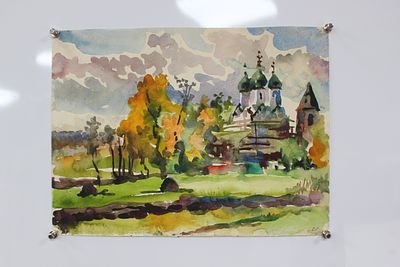 Картина Бузовкин А.А. "Пейзаж с церковью". СССР, 1960 год. 
Бумага, смешанная техника. 
Подпись 