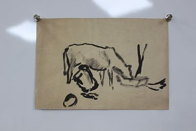 Картина Бузовкин А.А. "На дойке". СССР, 1950-1960-е годы. 
Бумага, тушь. 
Александр Андреевич 