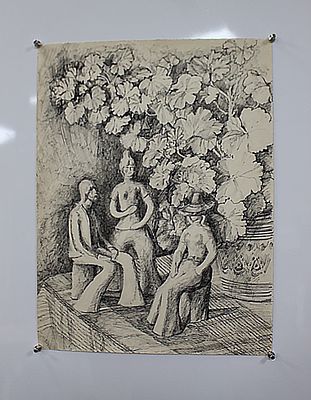 Картина Бузовкин А.А. "Куклы под цветами". СССР, 1950-1960-е годы. 
Бумага, тушь. 
Александр 