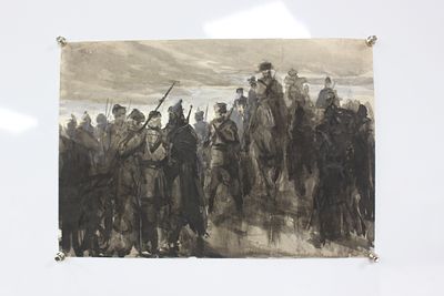 Картина Бузовкин А.А. "Солдаты". СССР, 1950-1960-е годы. 
Бумага, смешанная техника. 