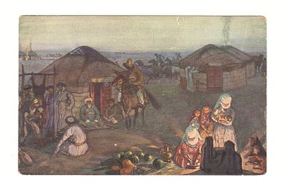 Открытка с картины Б. Кустодиев "Киргизская степь". Россия, начало 20 века.