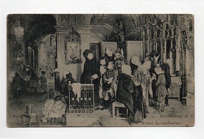 Открытка с картины Корзухин А.И. "Перед исповедью". Россия, начало 20 века.