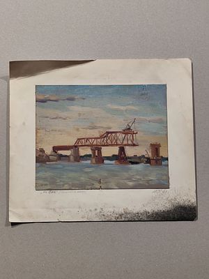 Рисунок "На Оби (строится мост)". Картон наклеенный на бумагу, масло. СССР, М. Гольянов (?) 1961 год.