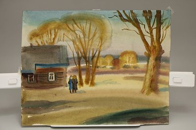 Рисунок Н/Х "В деревне". Бумага, акварель. СССР, 60-70-е годы 20 века.