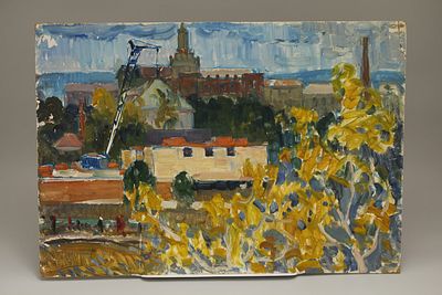 Картина Н/Х "Кран". Картон, масло. СССР, 60-е годы 20 века.