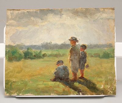 Картина Н.Х. "На поле". Холст, масло. СССР, 50-е годы 20 века. 21,5*27 см.