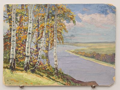 Картина Тальковский В.Г. "Березы на берегу". СССР, 1960-1970-е годы. 
Картон смешанная техника. 