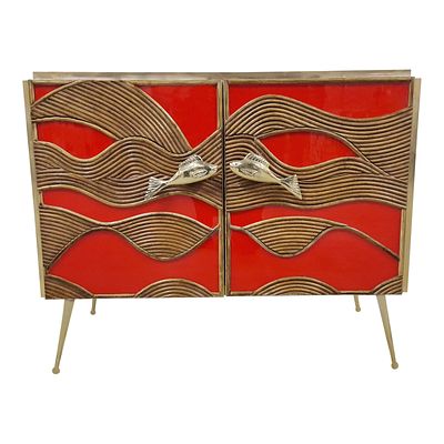 Credenza due ante in vetro e bamboo. Credenza a due ante con ripiano in vetro, interno a 