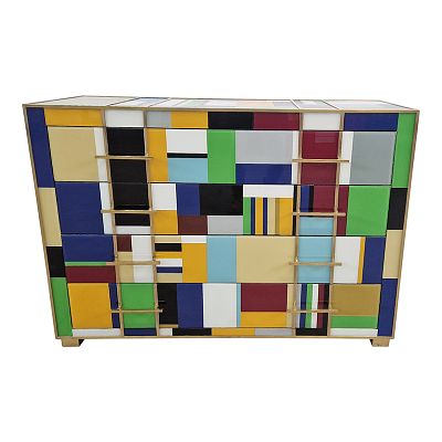 Com&ograve; a quattro cassetti in vetro di Murano multicolore. Com&ograve; con quattro cassetti, interamente 