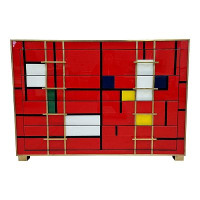 Com&ograve; a quattro cassetti in vetro di Murano multicolore (stile Mondrian su base rossa). Com&ograve; con 