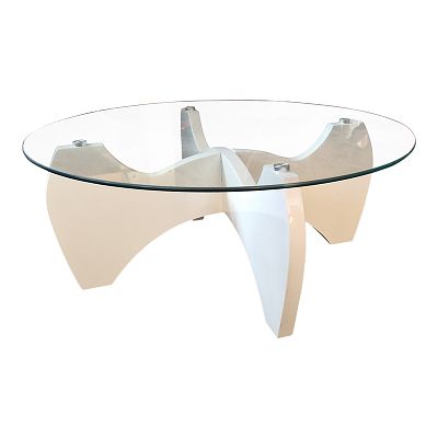 Tavolino basso in vetro trasparente. Tavolino con struttura in legno laccato bianco lucido 