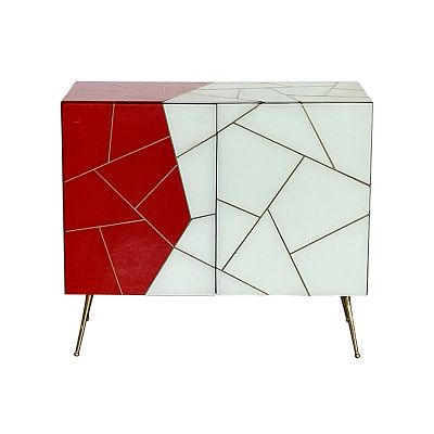 Com&ograve; con due ante in legno rivestito in vetro rosso e bianco, profili e piedini in ottone 