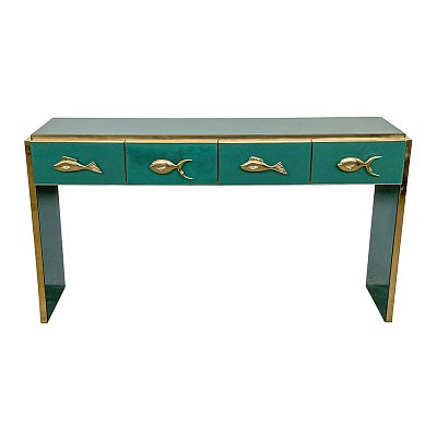 Consolle in vetro verde a 4 cassetti. Consolle in legno rivestita in vetro verde. 4 cassetti. 