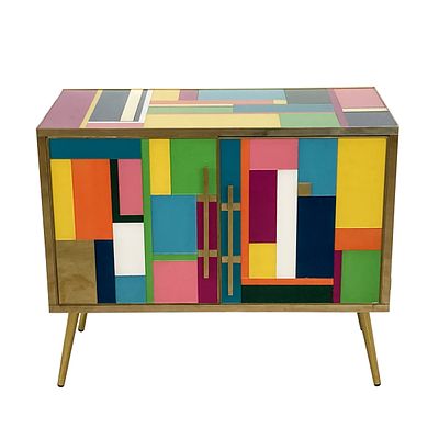 Credenza due ante, in vetro di Murano multicolore. Credenza con due ante, interamente realizzata 