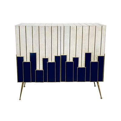 Mobile due ante in vetro blu e pergamena naturale. Mobile contenitore con due ante push pull 