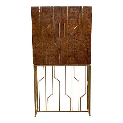 Mobile bar in radica con base in tubolare di ottone , due ante e un cassetto interno. Interno 